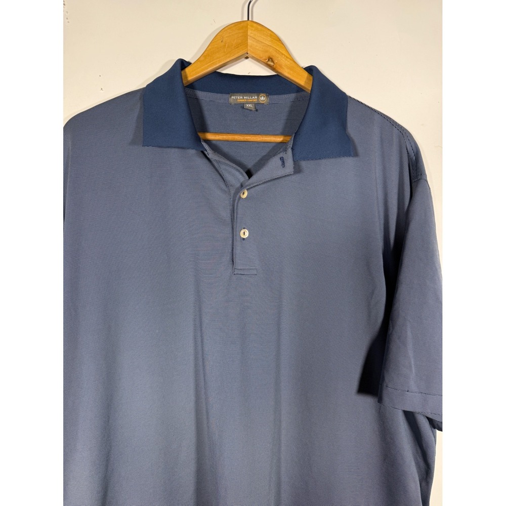 Peter Millar Summer Comfort Blue Micro Stripe Polo Shirt Mens XXL Short Sleeve